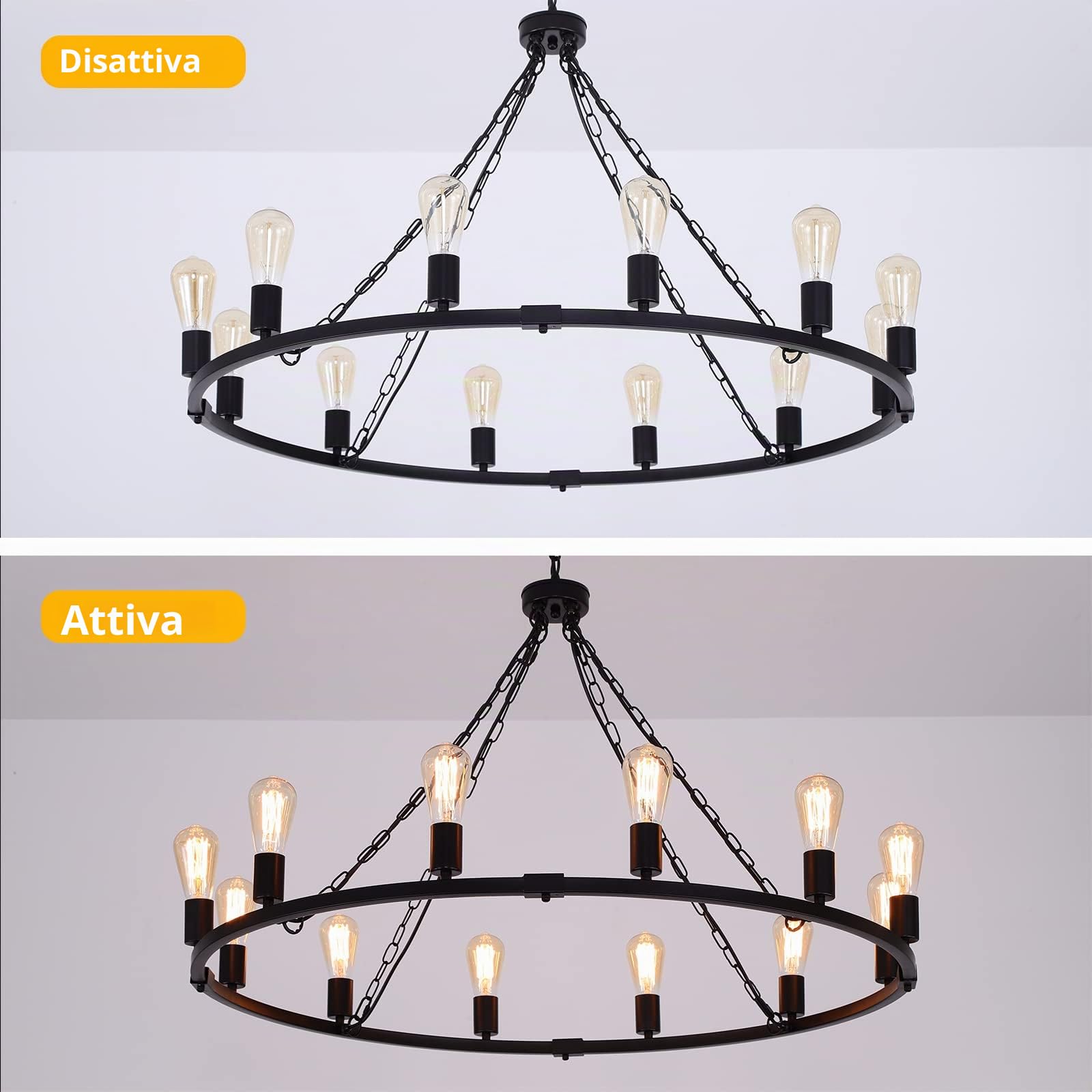Eoodis Lampadario a Sospensione Nero 12 Luci Stile Rustico Country Lampadario a Ruota di Carro, Lampadari Regolabile in Altezza Diametro 100 cm per Sala da Pranzo, Cucina, Soggiorno, Camera da Letto