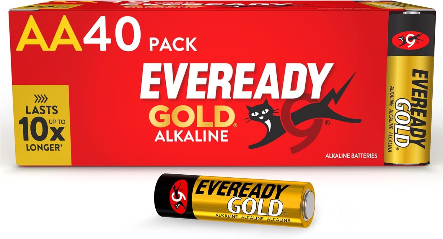 Gold by Energizer - AA Battery (40 Pack) - Bulk Double A Batteries - 1.5V Alkaline - Reliable Power For Every Day Devices - 100% Recyclable Plastic Free Packaging - 10 Year Shelf Life