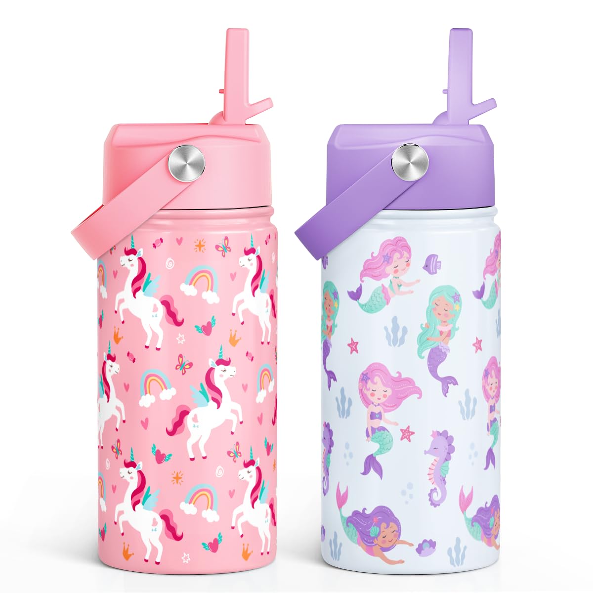 SANDJEST Kids Water Bottle with Straw Lid, Pack of 2 Insulated 12 Oz Stainless Steel Water Bottles for Girls, Travel Cup for School Sports, Unicorn - Mermaid