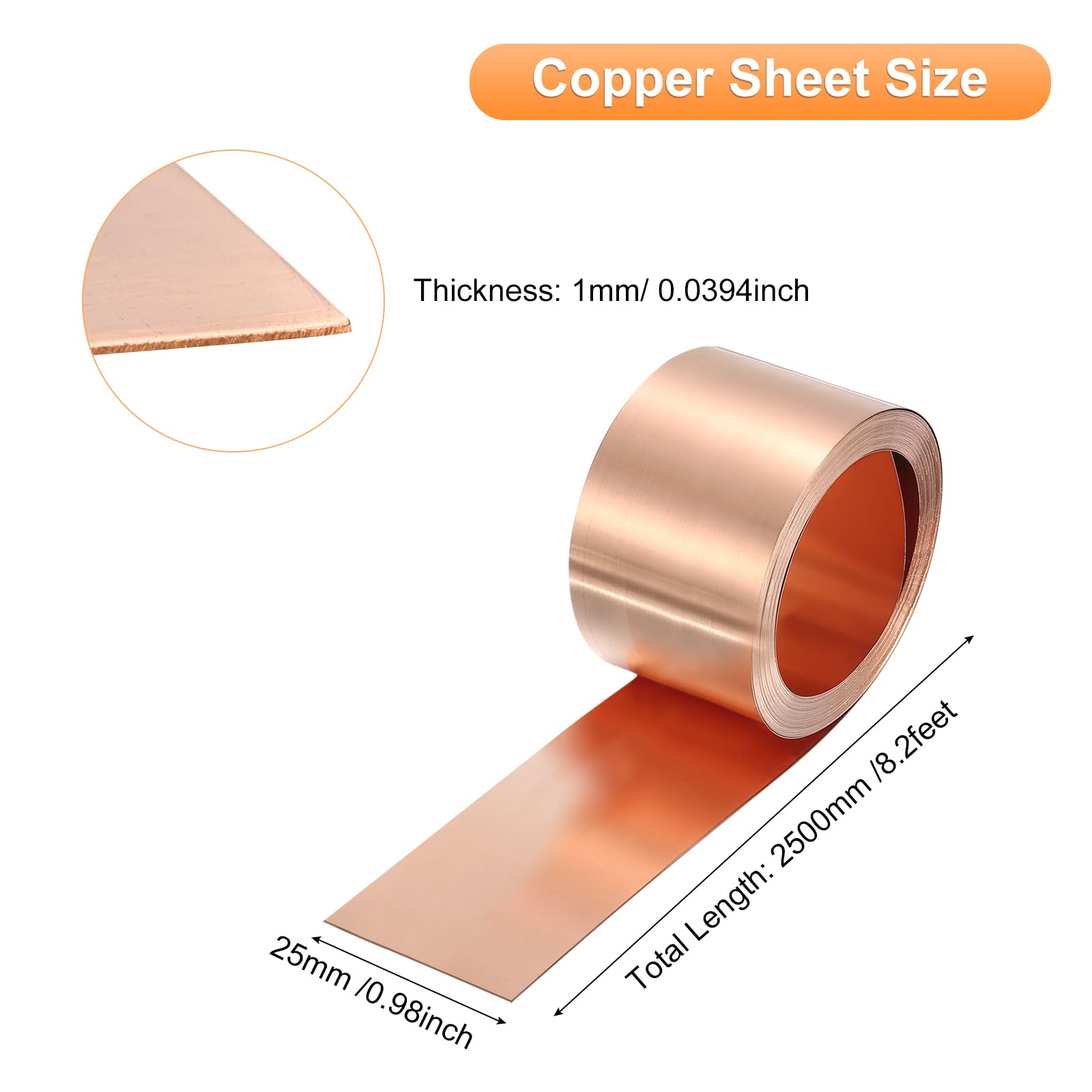 QUARKZMAN Kupferplatten 2500x25x1mm, Kupferblech Streifen Kupferfolie Blech, Kupfer Blechplatten Rosegold Kupferstreifen für Industrie Bauwesen Haushalt Wand Dekoration DIY Kunsthandwerk