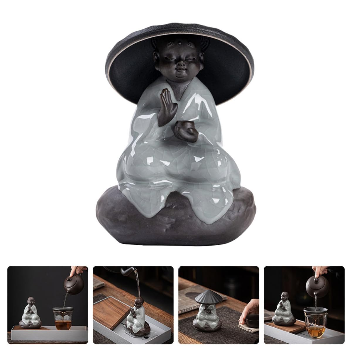 Filtro Tè Multifunzionale Design Classico Infusore in Ceramica Nero Statua Buddha Staccabile e Infusione Tè Sfuso per Decorazioni Casa