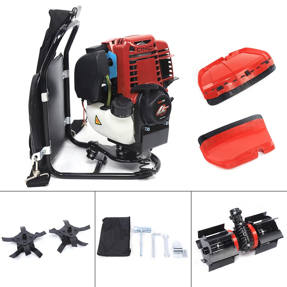 Mochila 3 en 1 de 4 tiempos, desbrozadora, desbrozadora de gasolina, desbrozadora para desmalezar, cosechar, limpiar y cavar tierras de cultivo, 1,0 kW (1,4 HP) 2800 rpm