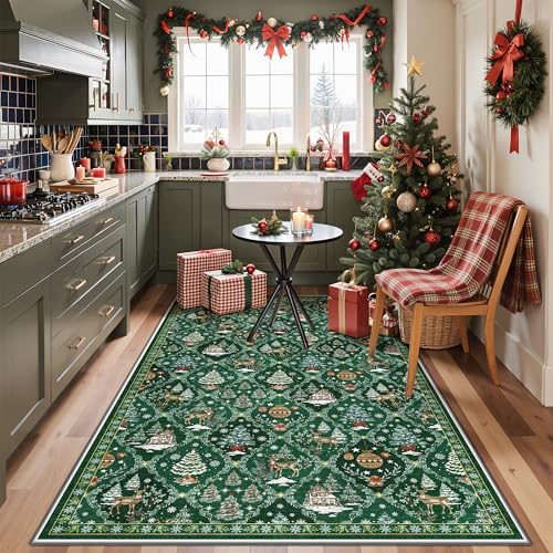 Madane Washable Christmas Rugs - 3x5 Non-Slip Lightweight Green Area Rug for Living Throw Small Soft Bedroom Rugs, Holiday Decor Carpet Accent Print Indoor Rug for Kitchen Dining Room