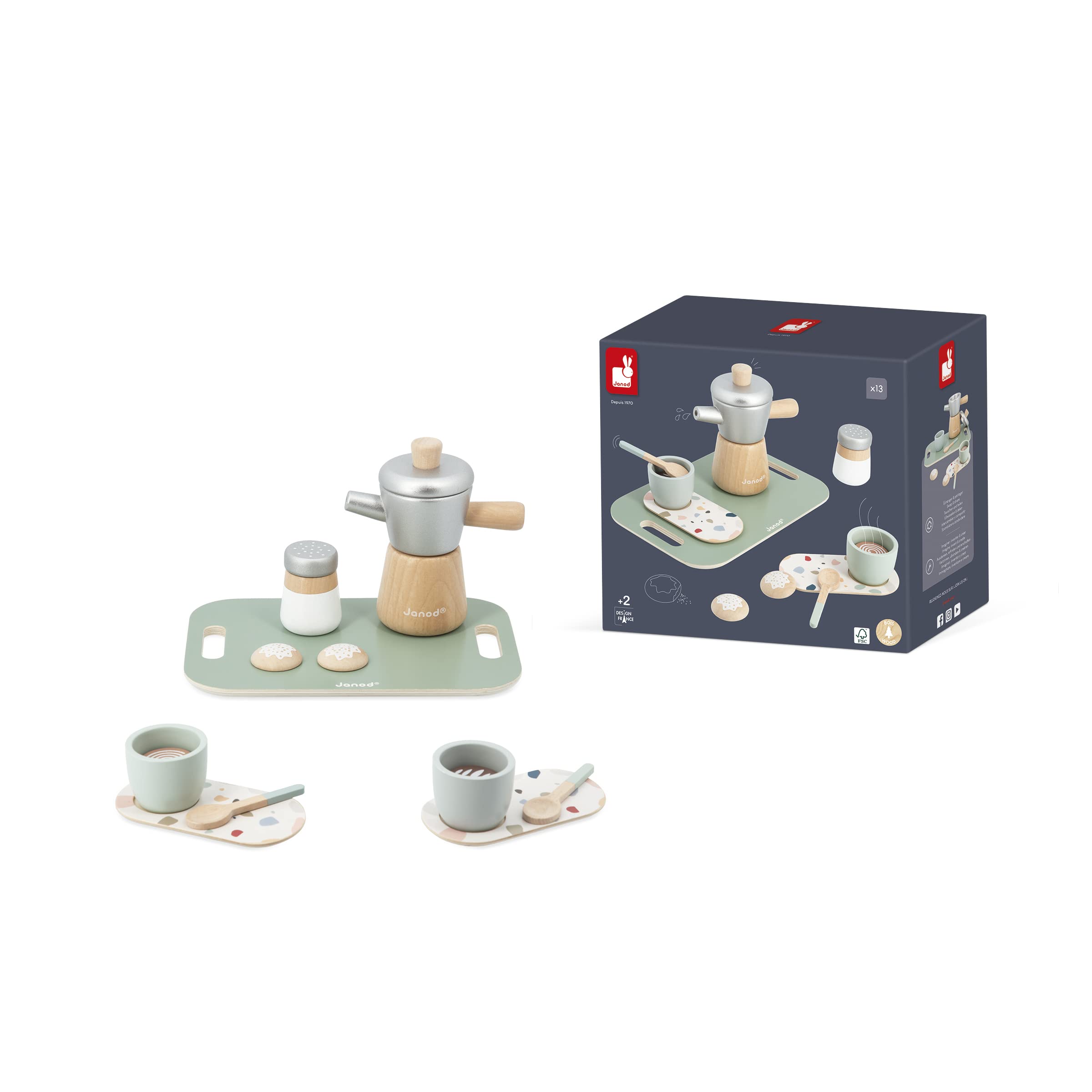 Janod - caffè all'Italiana - 13 Accessori Legno FSC - Giocattolo di Imitazione - Servizio da caffè Bambini - Gioco in Legno FSC - dai 24 Mesi, J06630