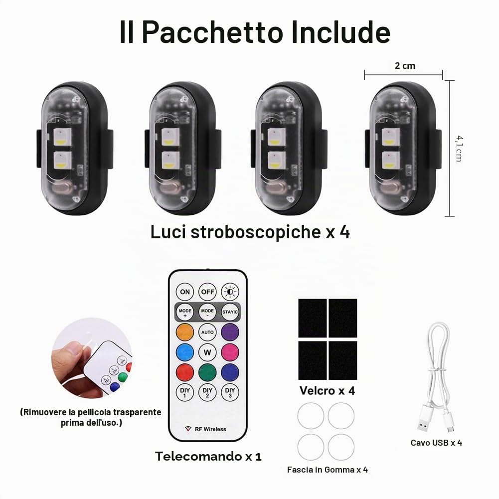4 luci stroboscopiche a LED fili con, 8 colori USB Charing luci di emergenza impermeabili