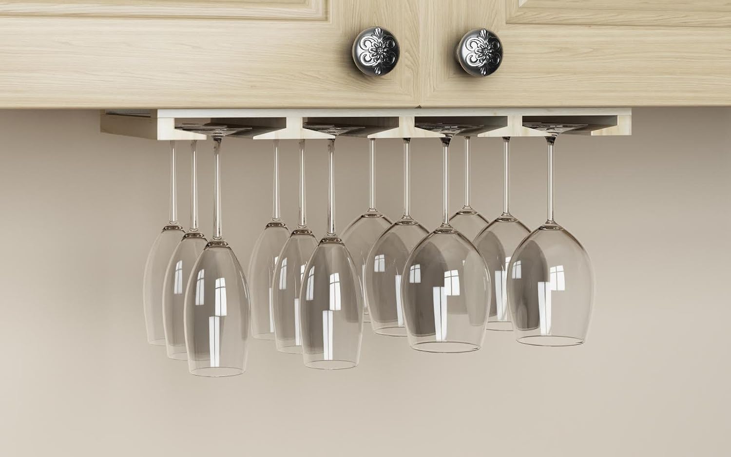 Rustic State 4 Sectional Adjustable Under Cabinet Mount Wood Stemware Rack Hanging Shelf Glassware Holder Bar Organizer with up to 12 Wine Glass Storage 12 Inch Deep Natural