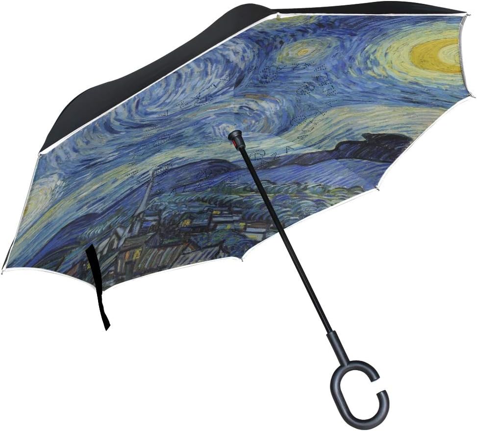 OREZIVan Gogh Starry Night Art Umbrella,Double Layer Travel Inverted Umbrella with C -Shape Handle for Car Use,Windproof and Waterproof Reverse Folding Lightweight Umbrellas for Men and Women.