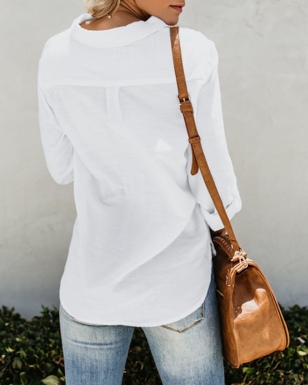 Friptspyg Mussola Camicetta Camicie Manica Lunga Donna Scollo A V 100% Cotone Camicia Top Top con Due Tasche