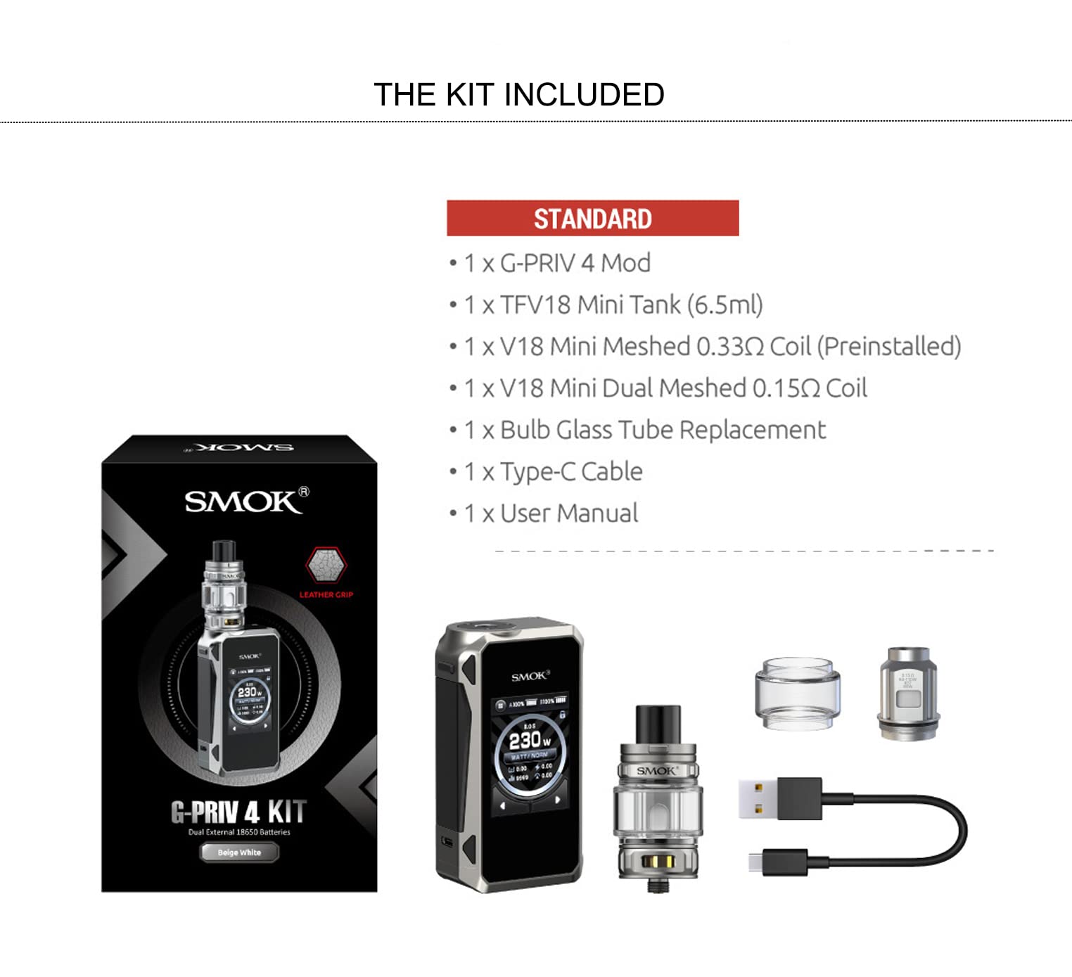 SMOK G-PRIV 4 Kit | 230 W G Priv 4 Mod mit Vollfarb-Touchscreen-Mod und 6,5 ml TFV 18 Mini Tank V18 Mini Coils V9 Mesh Coil Ohne Nikotin (Rot)