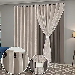 Cortina Sala Quarto Blecaute com Linho Bordado 2,80m Larg x 2,50m Alt, Forro em PVC Blackout 100% c/Abraçadeiras Inovi - Avelã