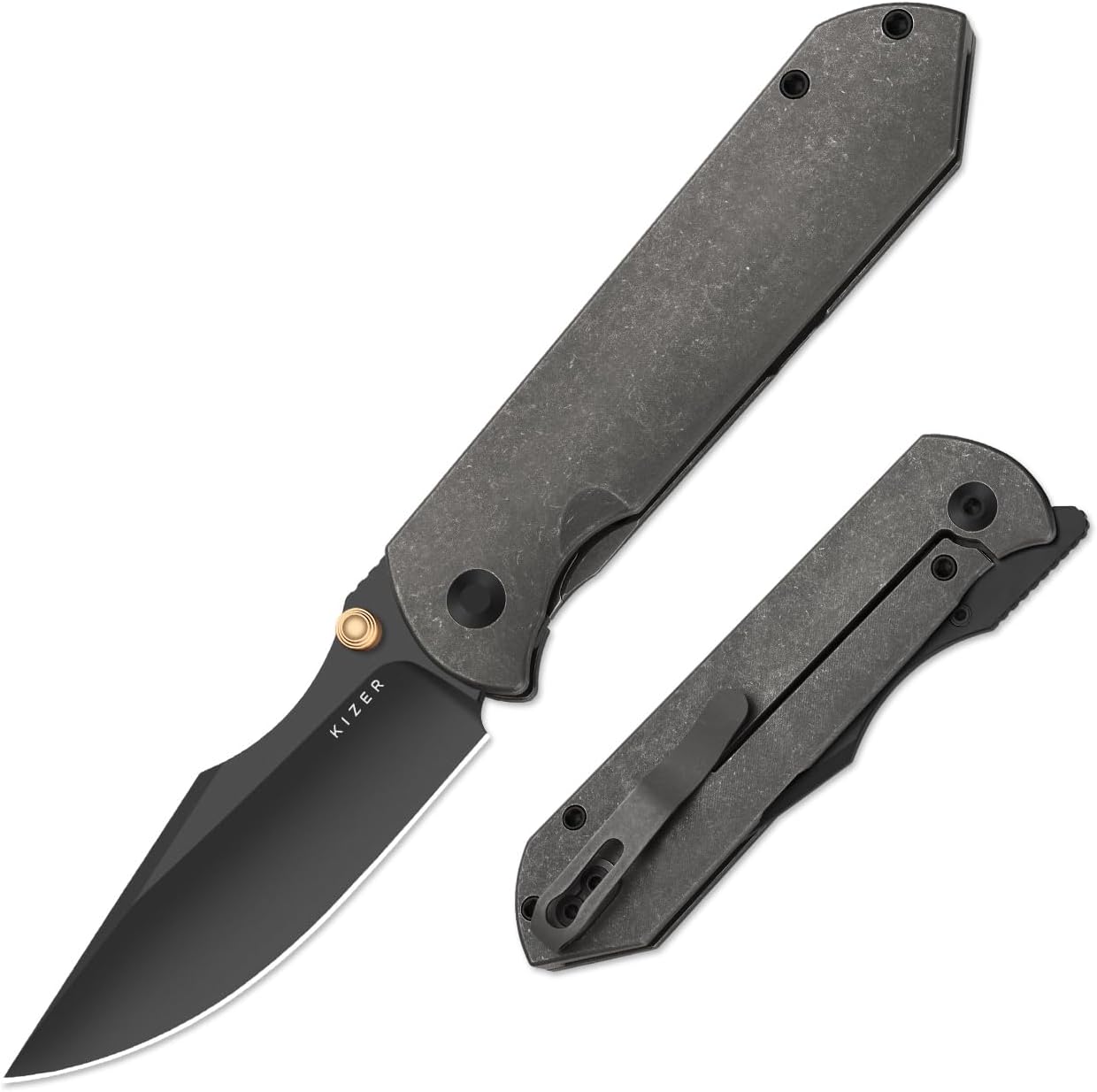 Kizer Harpoon Fold Pocket Knife, 3.4" Drop Point Elmax Blade Folding Knife with Gray Titanium Handle, Thumb Stud Front Flipper EDC Knives for Men Women Ki4784A3