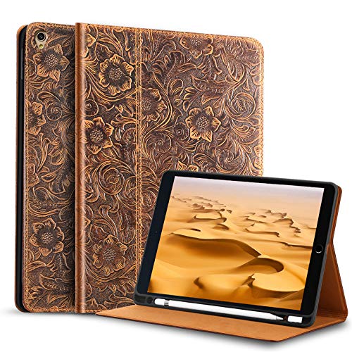 Gexmil iPad air 10.5 Inch 2019 Case, with Built-in Apple Pencil Holder ,applies Cowhide Folio Cover for iPad pro 10.5 Genuine Leather case (Pattern-Brown+Pencil Holder)