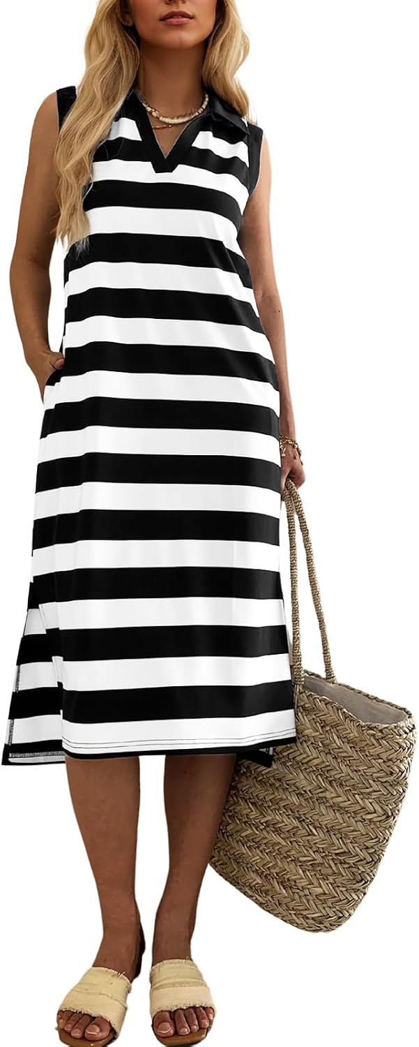 Women's Striped Summer Dress Casual Lapel Collared V Neck Sleeveless Side Slit Midi Dresses Loose Fit with Pockets