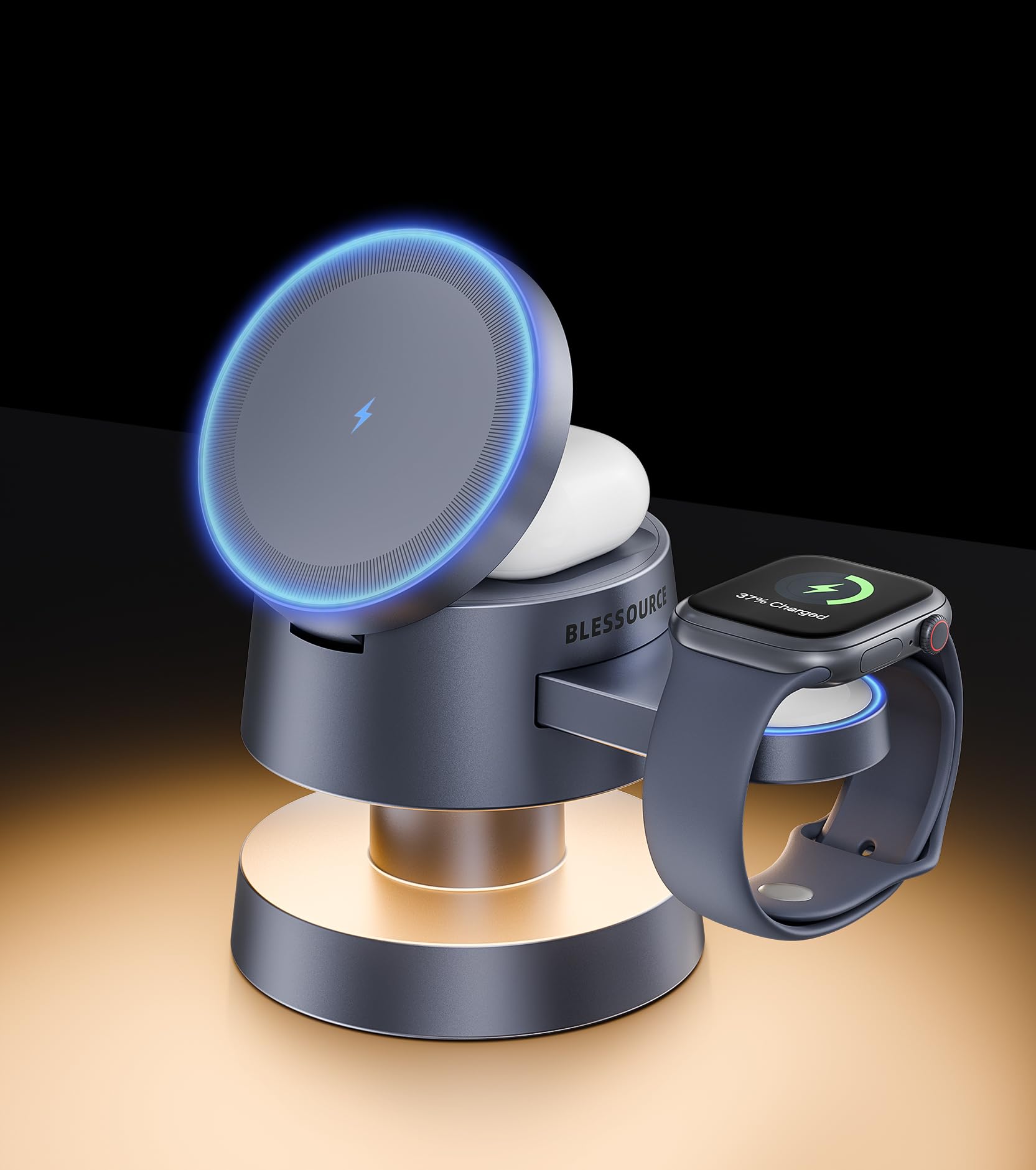 Estación de carga inductiva 4 en 1 para iPhone 17/16/15/14 Pro Max, cargador inalámbrico con luz nocturna para Apple Watch AirPods.