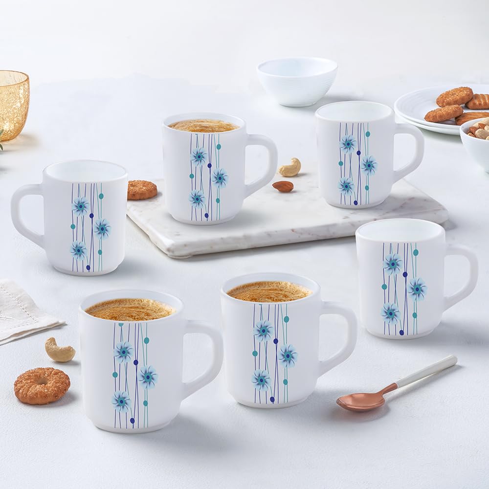 Larah by BOROSIL Bluebell Opalware Mug, Set of 6 Tea/Coffee Mugs, 240 ml Each, Microwave & Dishwasher Safe, Bone-Ash Free, Crockery Set Ideal for Daily Use & Gifting, White