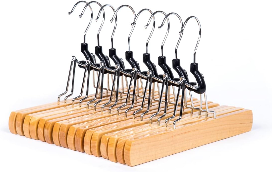 Amber Home Paquete de 10 perchas de madera natural para pantalones, perchas de madera con terciopelo acolchado antideslizante, ganchos para