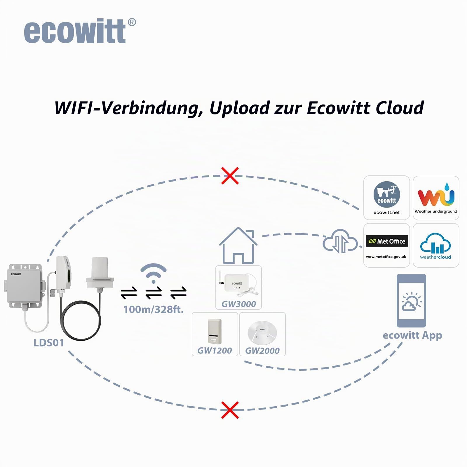 ECOWITT Laser Entfernungsmesser LDS01, 4-3.5M Laser Messgerät mit 1.5M Kabel, Outdoor Laser Messgerät für Wasserstand/Schnee/Öl Tiefe mit LCD Display, IP65 Wasserdicht, Ökosystem Sensor