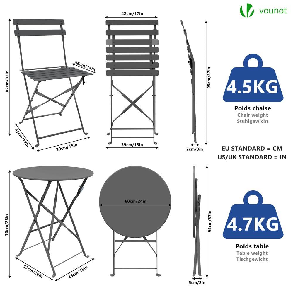 VOUNOT® Set da Giardino Pieghevole da 3 Pezzi, Tavolo Bistrot con 2 Sedie, Acciaio, Grigio