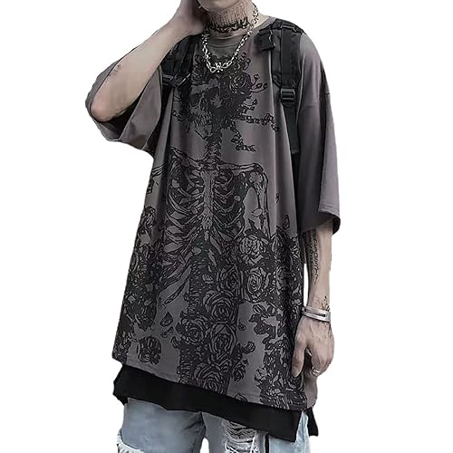 Gothic Casual Loose Oversized T-Shirt Harajuku Street Trend Men and Women Personalized Print Rock Animation Punk - Small - Grey