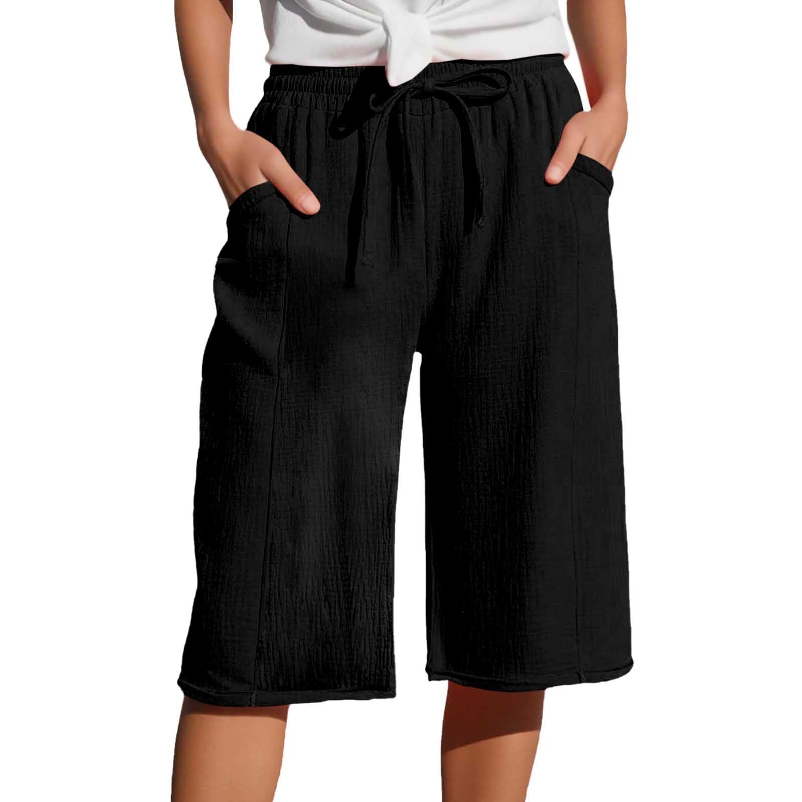 Cotton Linen Capri Pants for Women 2025 Summer Casual Plus Size Capris Wide Leg High Waisted Drawstring Crop