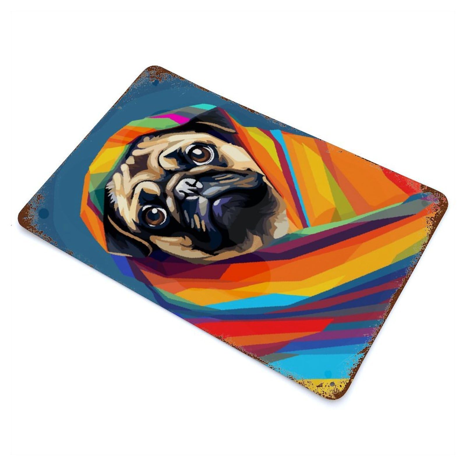 Rusty Metal Tin Sign Cute Blanket Pug Pixel Art 11.8"x7.9", Industrial Home Decor for Patio, Garden Room And Bar Decor