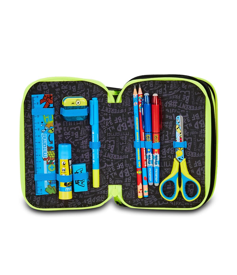 Mitama Astuccio Scuola 3 Scomparti, SUPER TRIPLO FLUO MONSTER, Contenuto 50 pz, Completo di Matite, Pennarelli, Portapenne Scuola Elementare Bambino