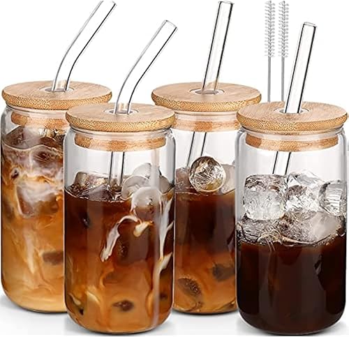 Glass Cups with Lids and Straws 4pcs,16oz Iced Coffee Cups with Lids-Beer Can Glass with Lids and Straw Set,Drinking Glasses Glass Cups as Coffee
