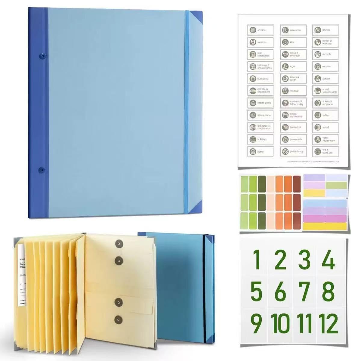 Dokumenten-Organizer-Folio mit Etiketten: Persönlicher Familien-Dokumenten-Organizer-Ordner – Life Binder Organizer Kit mit Taschen, idealer Familien-Notfallordner for wichtige Dokumente(Blue)