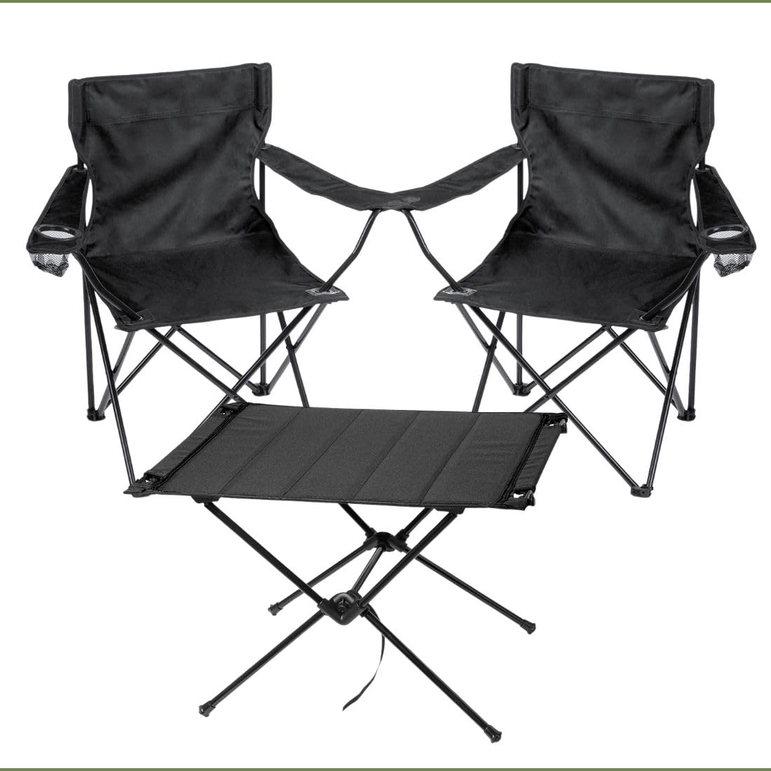 Pack de 2 Sillas y Mesa de Camping Plegables | Sillas Plegables con Porta Bebidas y Mesa Compacta | con Bolsa de Transporte | Set de Mobiliario de Exterior