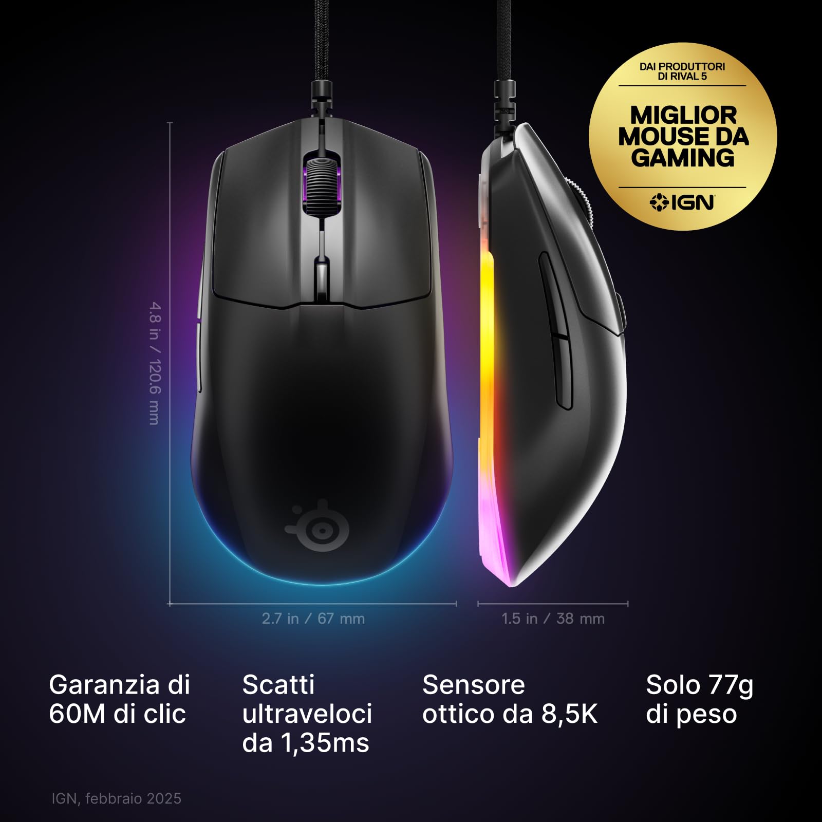 SteelSeries Rival 3 Gen 2 - Mouse Gaming - Sensore ottico TrueMove Core da 8500 DPI - 60 milioni di clic di durata - bassa latenza - 77 g di peso - 100% piedini in PTFE - RGB - Nero