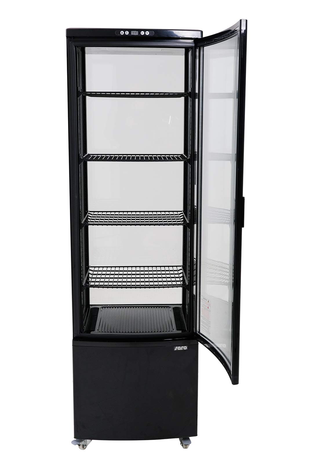 SARO SVEN - Vetrina refrigerante da 235 l, raffreddamento a ricircolo, controllo digitale della temperatura 0/+12 °C, illuminazione a LED, 4 griglie regolabili, sbrinamento automatico, plastica nera