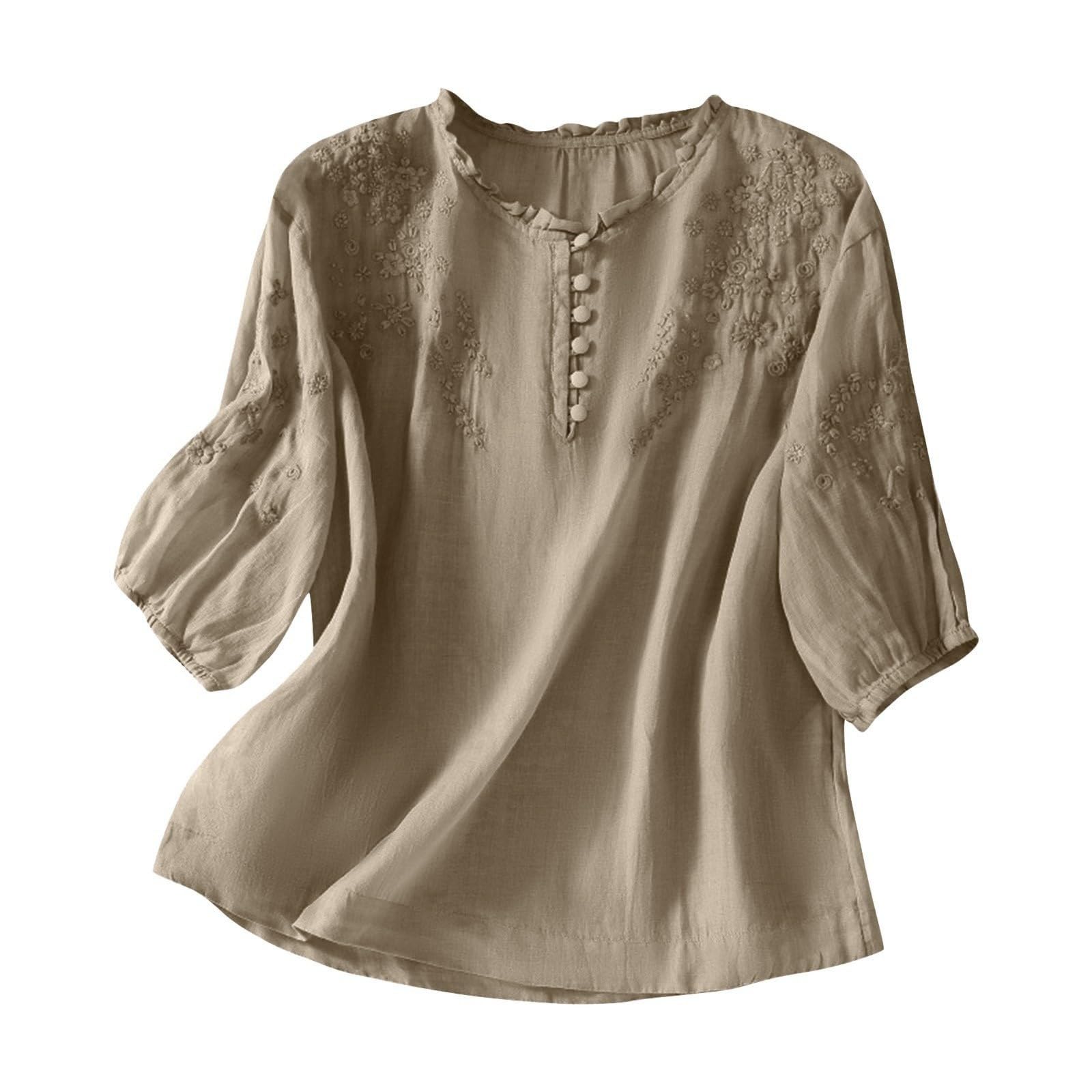 Chemise brodée pour femme - Haut à manches courtes en coton et lin, col en V, avec boutons, style bohème, couleur unie, polyvalent, design confortable