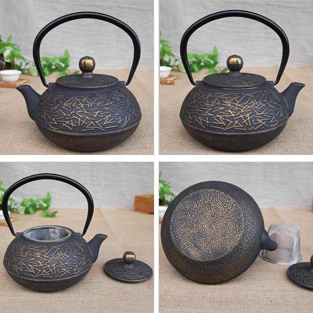 Tetera Japonesa de Hierro Fundido Negro con colador, Regalo, 9 Patrones - Aguja de Pino Dorada, China (Pino, bambú y Ciruela)