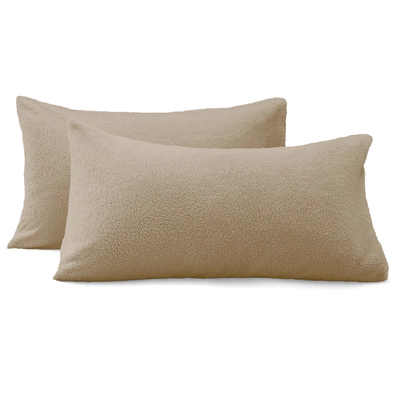 2 Pack Teddy Bear Fleece Pillowcase Cover Ultra Soft, Warm & Fluffy Thermal Pillow Cases Fit 50cm x 75cm Cozy Bed Pillow Covers Super Soft Hotel Quality Easy Care pillowcases (Beige) โ image 1