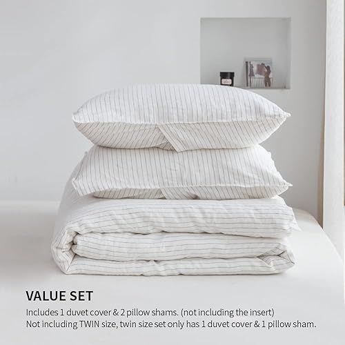 Miniatura 5 de Simple&Opulence Juego de funda de edredón 100 % lino, 3 piezas, hilo teñido vertical, patrón de tictac, lino francés lavado, natural, transpirable,