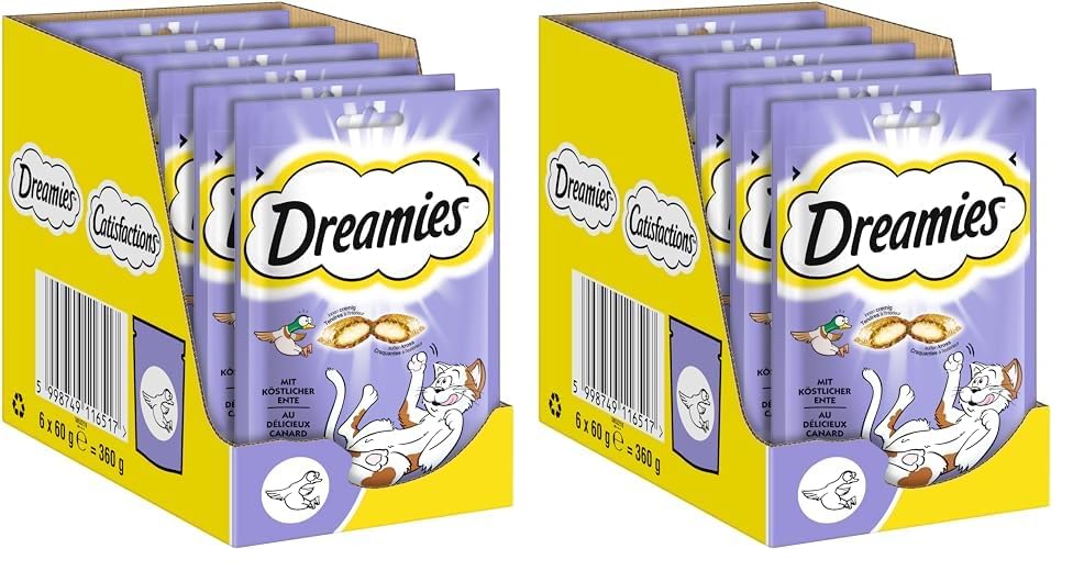 Dreamies Klassiker Katzensnacks mit Ente – Traumhaft knusprige Taschen mit zarter Füllung – 6 x 60g (Packung mit 2)