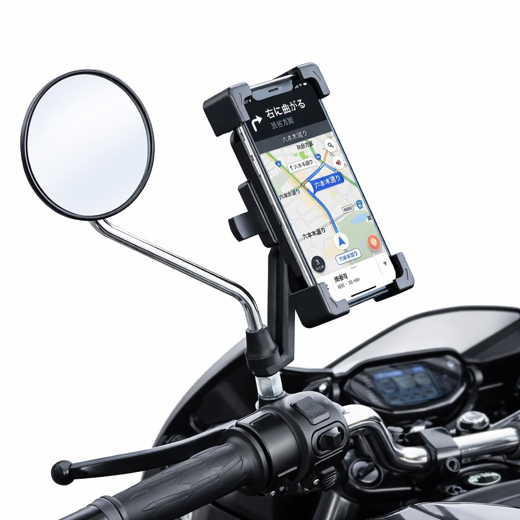 自転車 スマホホルダー 【2026改良型】 バイク用 携帯ホルダー 原付 スマホスタンド 自動ロック 360度回転 片手操作 バイク用品 振動吸収 脱落防止 4-7インチ対応 (バックミラースタイル)