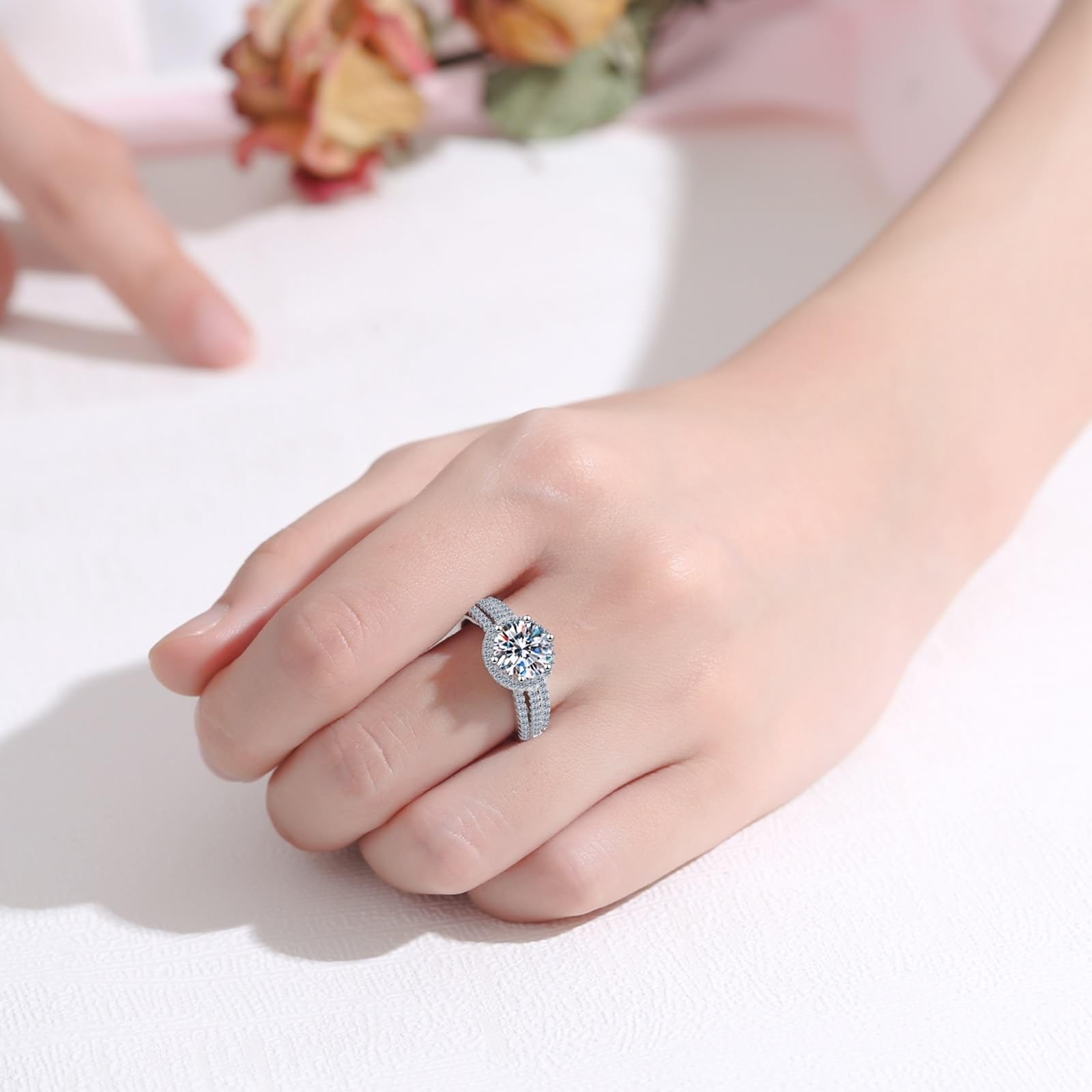 Silberring 925, Ring Modeschmuck Damen Zirkonia Sechs Klauen Runde Verlobungsring