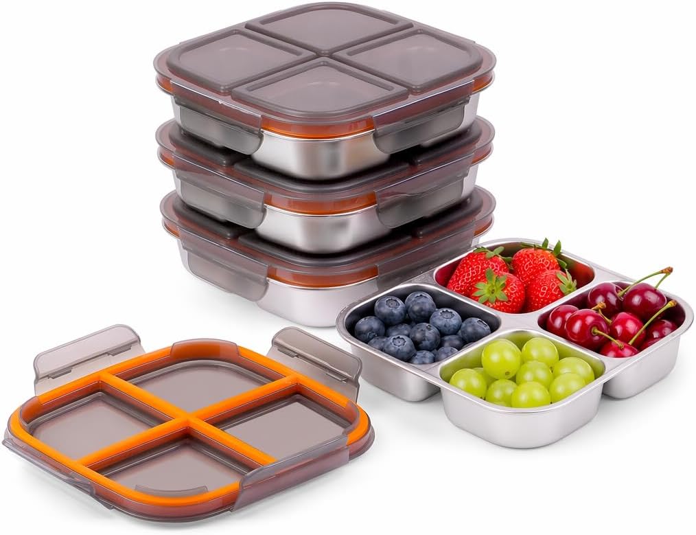 3 Pack Stainless Steel Snack Containers with Airtight Lids, 4 Compartment Food Storage Containers, Reusable Metal Meal Prep Lunch Boxes, Dishwasher Safe, Divided Plates for Adults (White)