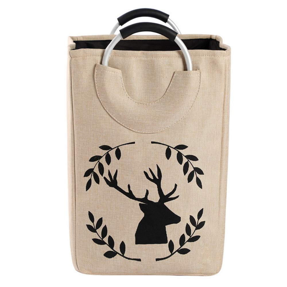 GUOZI Large Laundry Hamper Bag with Comfortable Handle,Collapsible Linen Laundry Basket,Easy-to-Carry Home Organizer for Dirty Clothes,Toys,Shopping (Khaki/Deer Head)