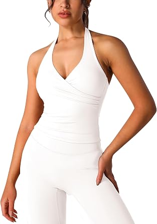 ABOCIW Women Wrap Halter Workout Tank V Neck Longline Sports Bras Backless Padded Gym Yoga Tank Tops Y2k Casual Crop