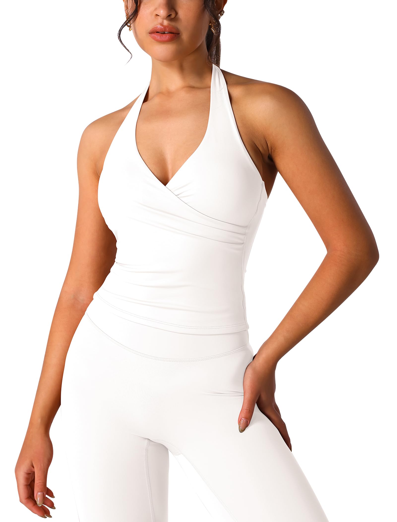 ABOCIW Women Wrap Halter Workout Tank V Neck Longline Sports Bras Backless Padded Gym Yoga Tank Tops Y2k Casual Crop