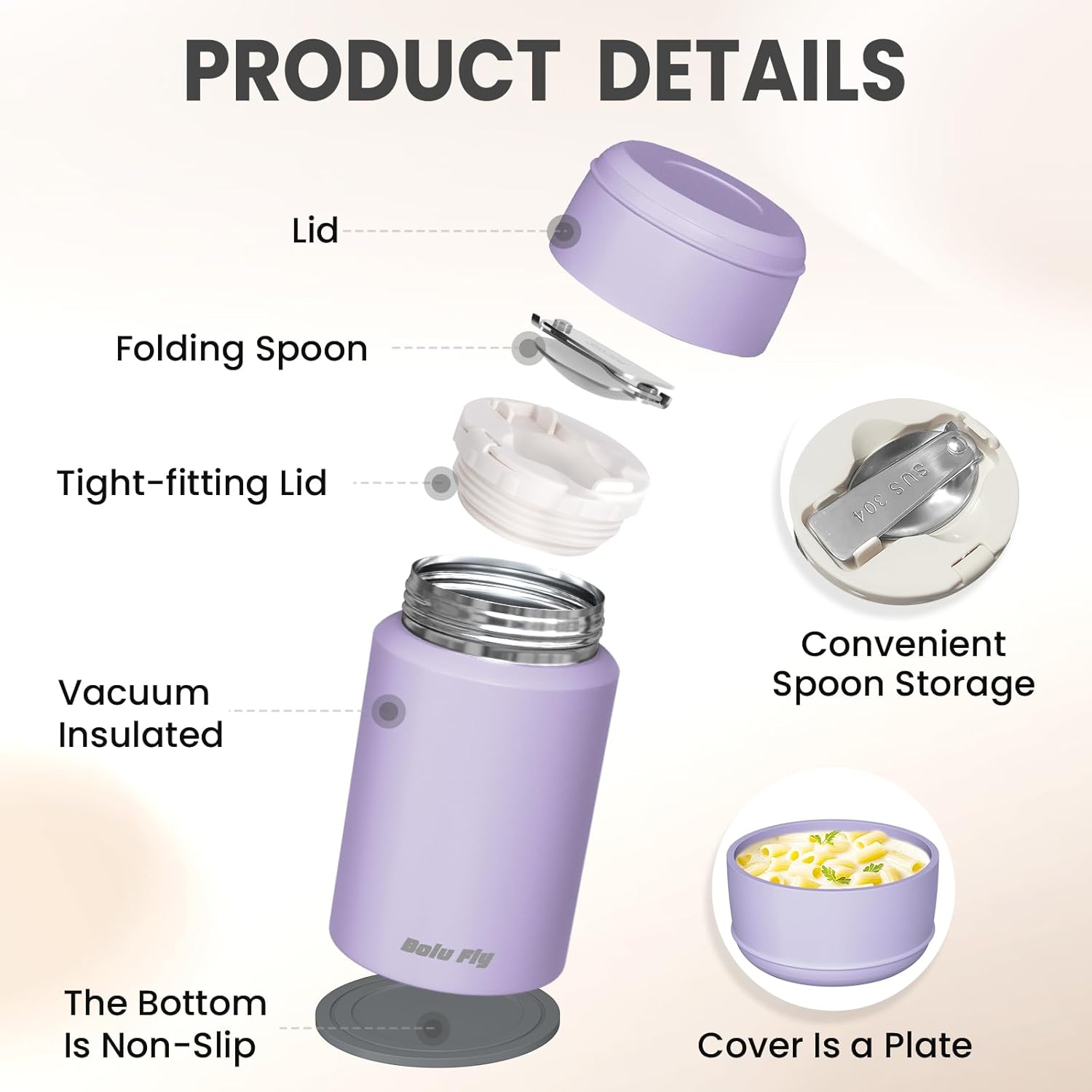 2 Pack Soup Thermo for Hot Food for Adults, Insulated Food Jar, Stainless Steel Vacuum Thermal Lunch Box Containers with Carry Bag and Spoon (18.5oz, 27oz) (Purple)