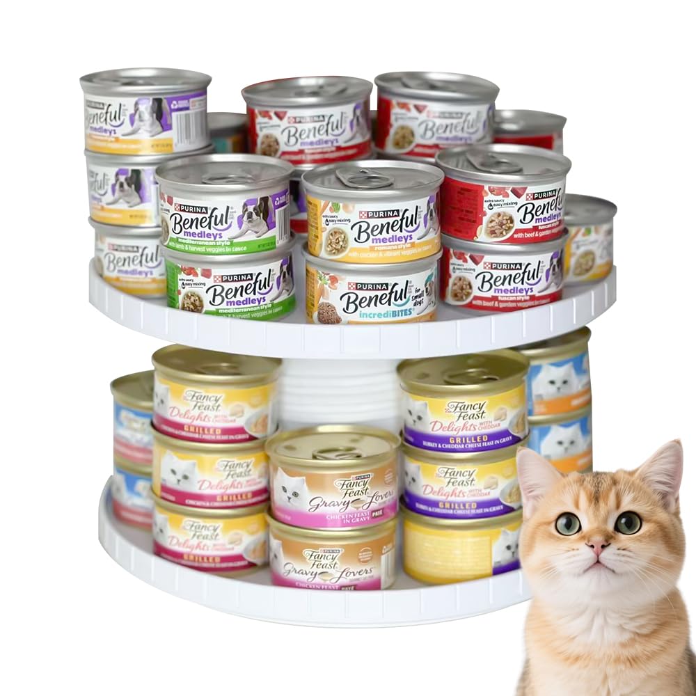 Red Rocket White Pet Food Organizer, 2-Layer Lazy Susan, Adjustable, Stackable, Heavy-Duty Cat Can Holder For Multiple Sizes, Medium
