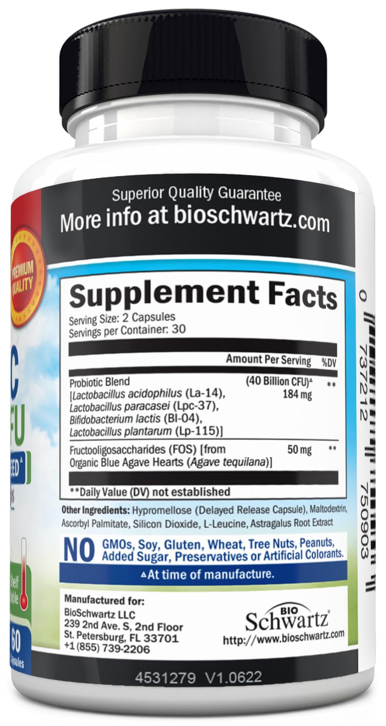 BioSchwartz Suplemento probiótico diario con 40 mil millones de CFU - Complejo de salud intestinal con Astragalus y Lactobacillus Acidophilus Probiótico para mujeres y hombres - Pre y probióticos estables para la salud digestiva