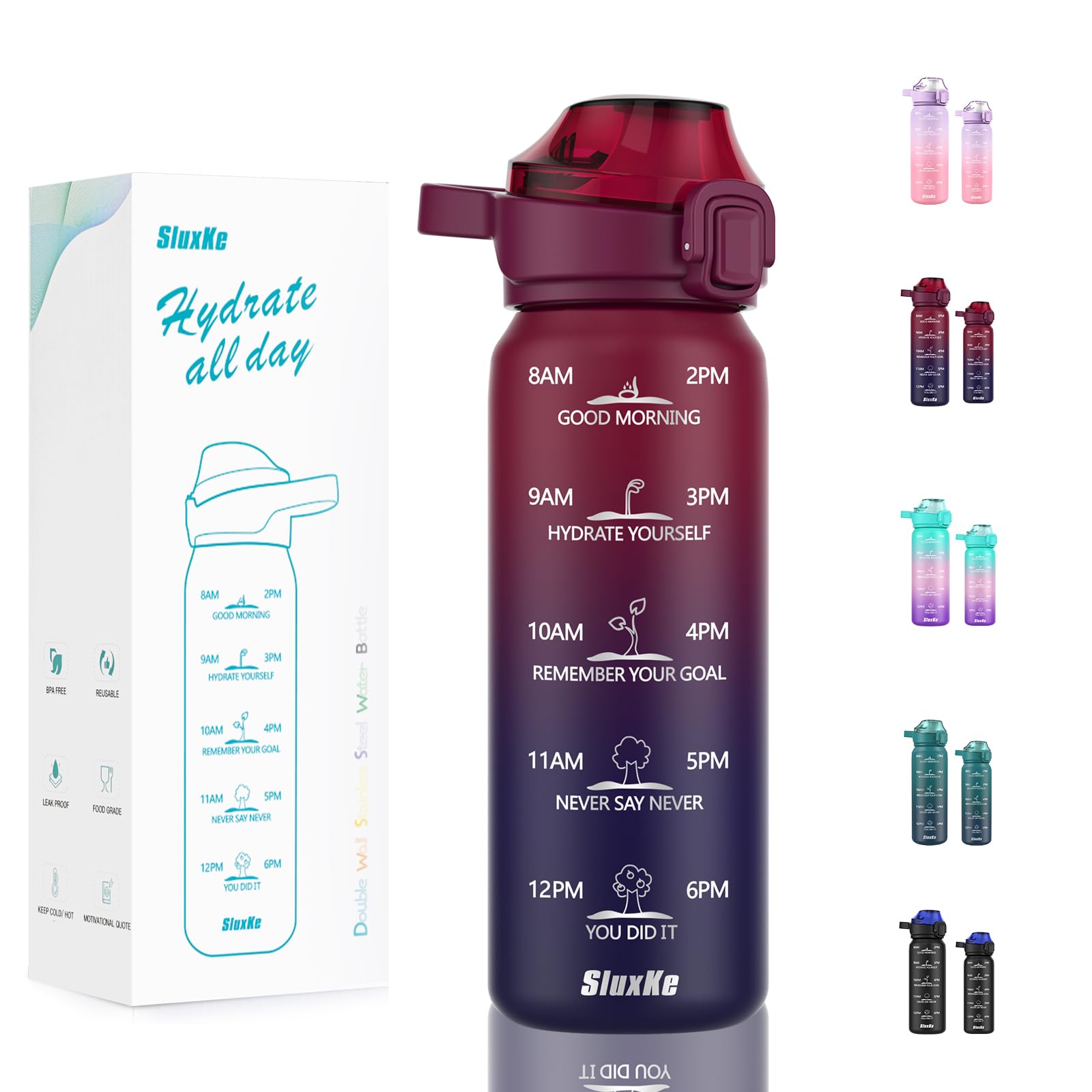 SLUXKE Sports Water Bottle 316 Stainless Steel 32oz with Time Marker, 1000ml Insulated Water Bottle Double Walled with Handle, Metal Canteen Keep Cold 48H Hot 24H for Men, Women & Kids