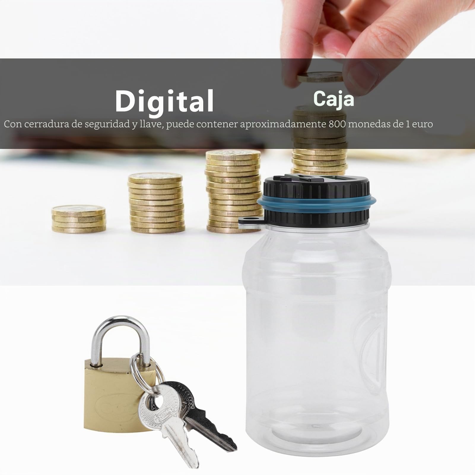 Hucha Digital con Contador, 1,8 L Banco de Monedas, Hucha Electrónica de para Euros, Bote Automática para Contar Monedas y Ahorrar Dinero con Cerradura, Caja de Moneda con Pantalla LCD de Alcancía