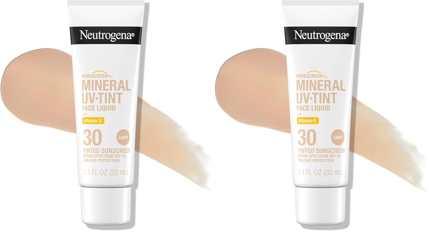 Neutrogena Purescreen+ Mineral UV Tint Face Liquid Tinted Sunscreen - with 100% Mineral Actives & Vitamin E,Enhances Natural Tone,Water Resistant,Broad Spectrum SPF 30,1.1 fl oz,(Pack of 2)