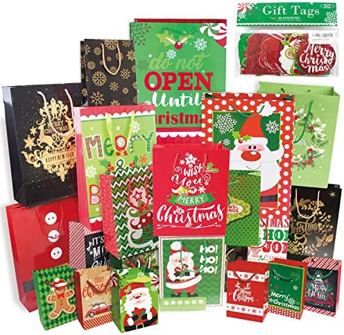 24 Christmas Gift Bags Assorted sizes with 60-Count Christmas Gift Tags（Bulk Set,6 XL,6 Large,6 Medium,6 Small）