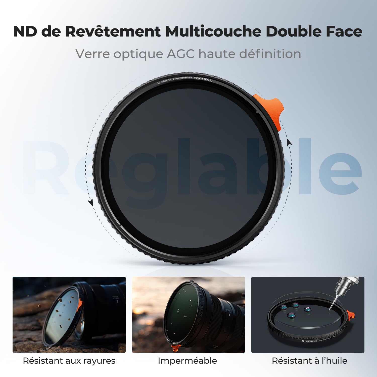 K&F CONCEPT 52mm Filtre ND2-32 Variable de True Color et Réflectivité Ultra-Faible sans Croix Noir 1-5 f-Stops HD Nano revêtement Étanche pour Objectif Appareil Photo